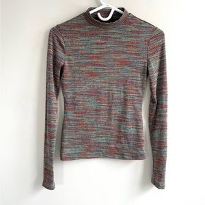 TEAL GOLD BURGUNDY METALLIC LKNG SLEEVE TOP MOCK TURTLENECK LAME STRETCH KNIT